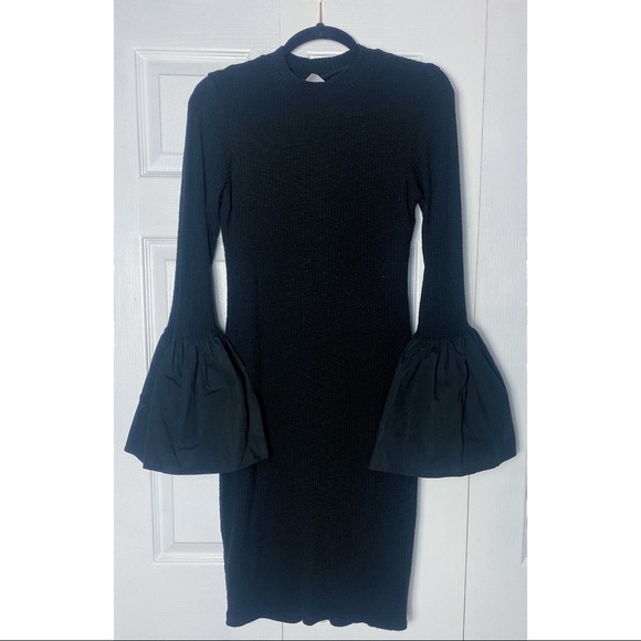 Dresses & Skirts - CAD Black High Neck Exaggerated Bell Sleeve Ribbed Bodycon Mini Dress Sz Medium
